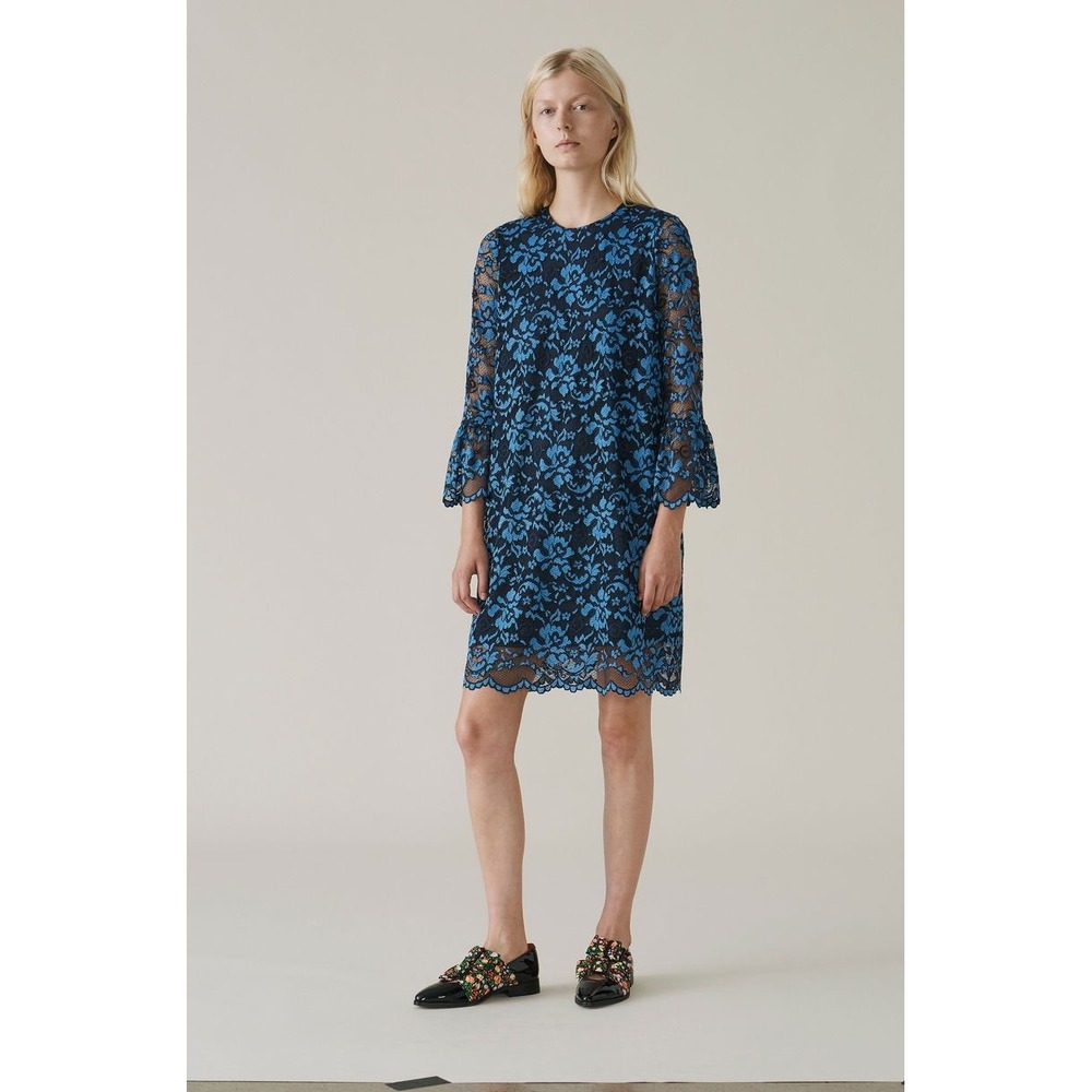 Ganni Flynn Lace Dress 40 US‎ 8/10 Fluted Sleeve Shift Maximalist Party Retro